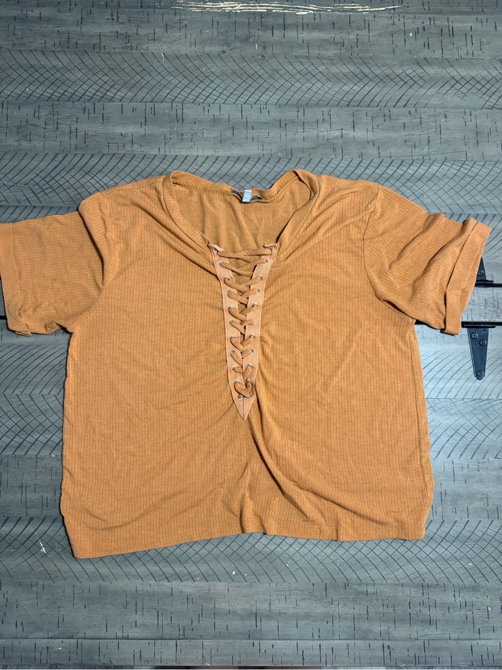 Charlotte Russe Lace-Up Ribbed Crop Top - Mustard Orange